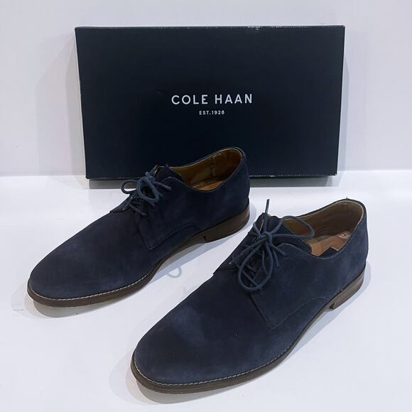 Cole Haan 8.5 M Cambridge Plain Oxford Blue Suede Leather Lace-Up Almond Toe - Picture 2 of 13